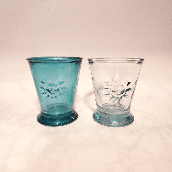 Unknown Other - Tuscan Sun Blue and Clear Embossed Glass Beverage Tumbler 7 Oz‎ Set of 2